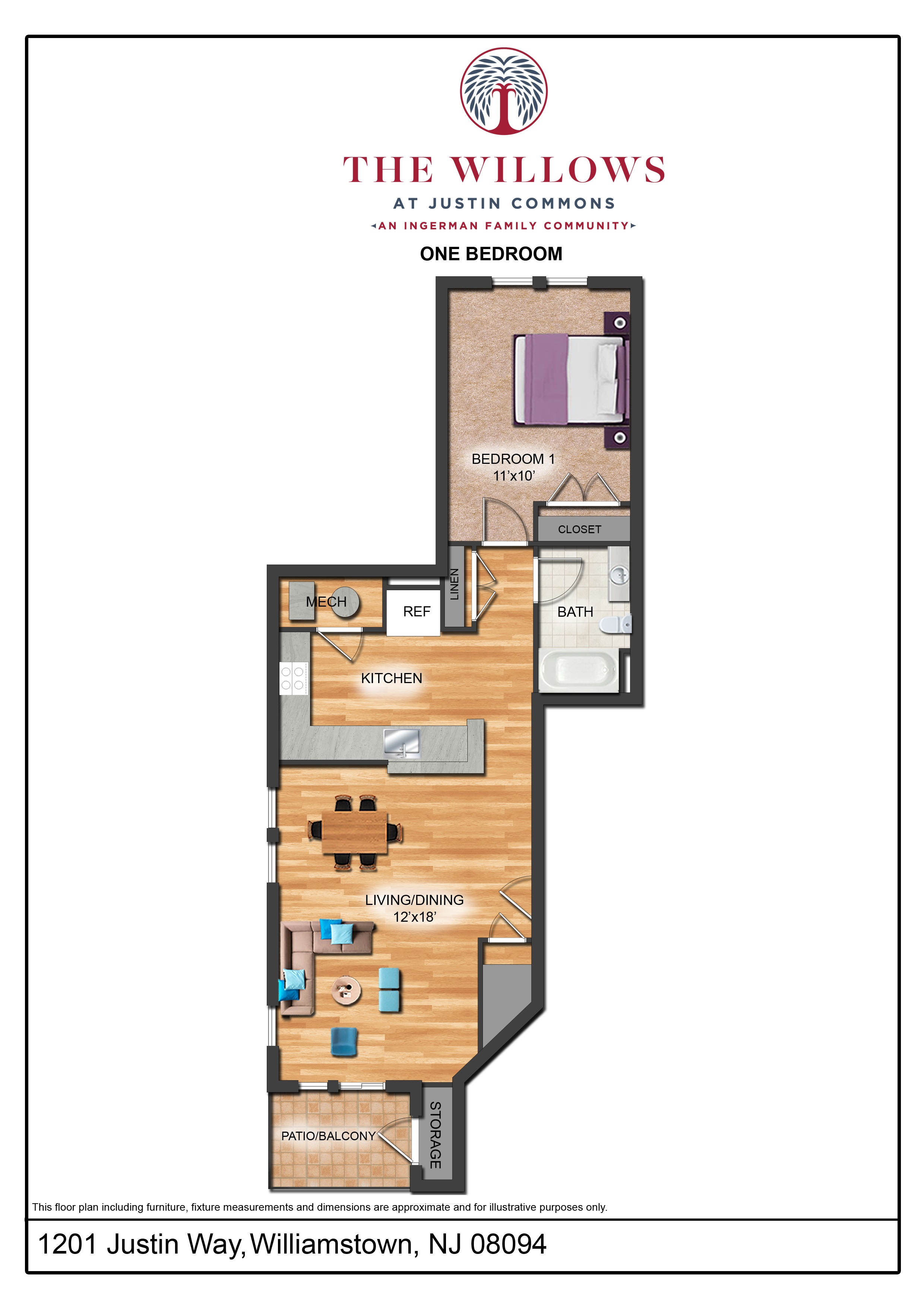 Floor plan for 2 beds, 1 bath, 859 sqft